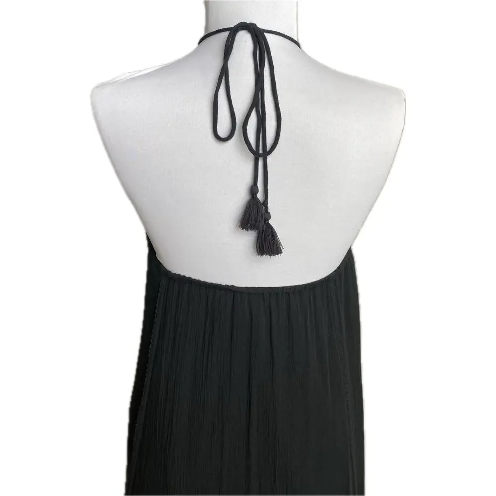 ABERCROMBIE FITCH Y2K Halter Lace Maxi‎ Dress Black XS Oversized Fairy Boho Goth